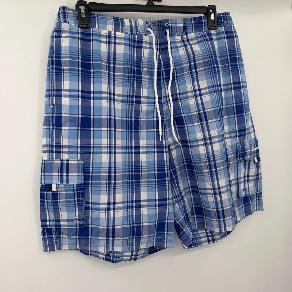 Cremieux Beach Wear Mens Blue Plaid Cargo Swim Trunks Shorts Size XL